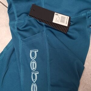 Bebe sport leggings yoga pants legging stripe logo deep ocean retails for 80